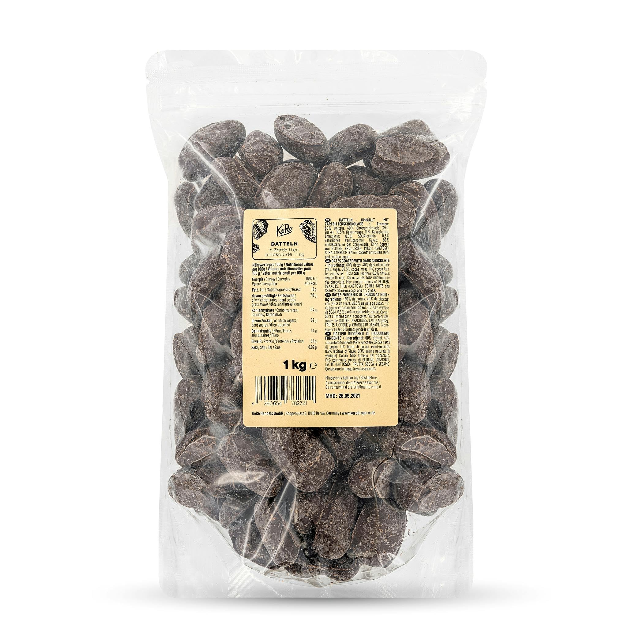 KoRo - Datteri ricoperti di cioccolato fondente 1 kg - al cioccolato - per snack, merende o colazioni - confezione convenienza