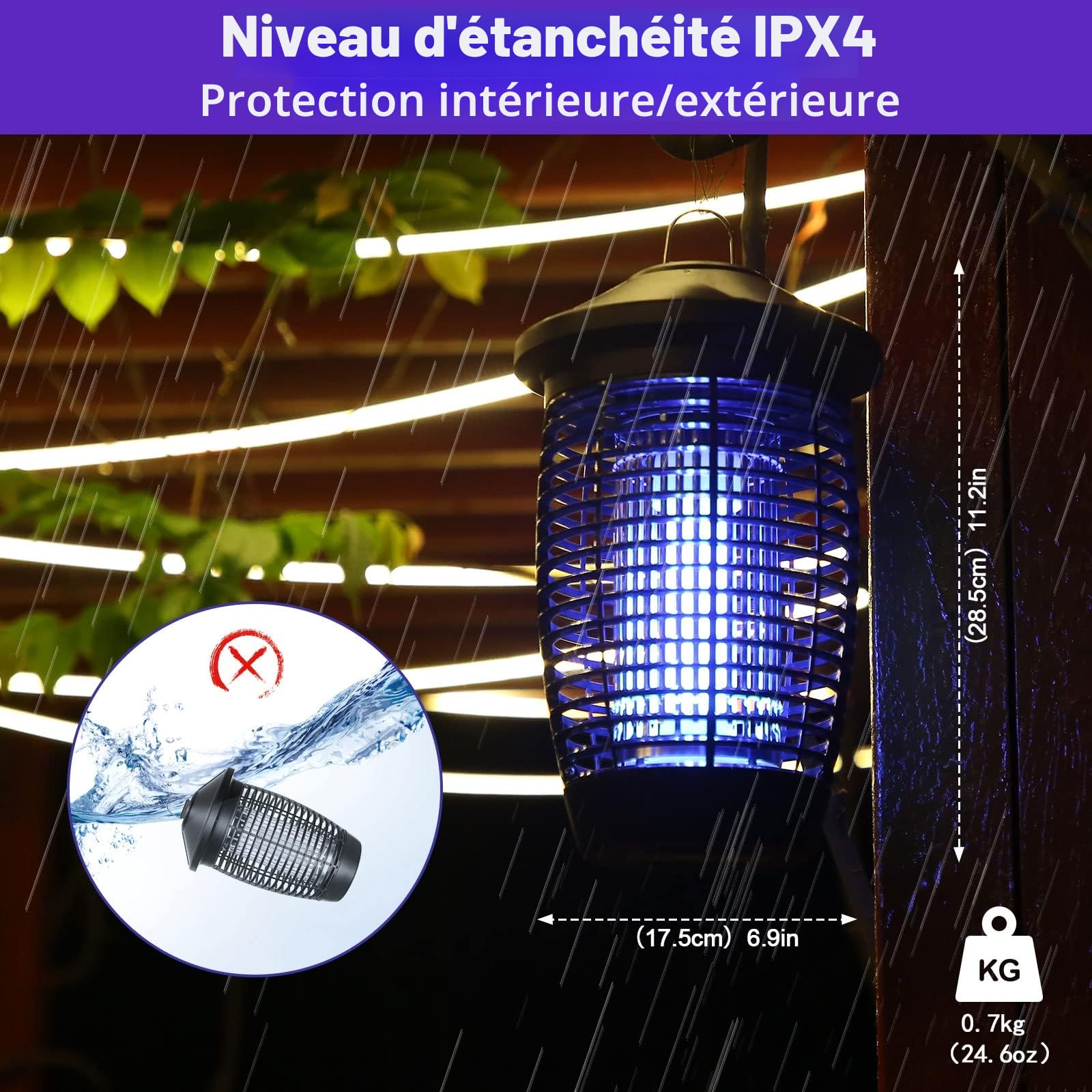 Palone Lampe Anti Moustique 4500V 20W UV Tueur d'Insectes Électrique Portée 100m² Intérieur Extérieur