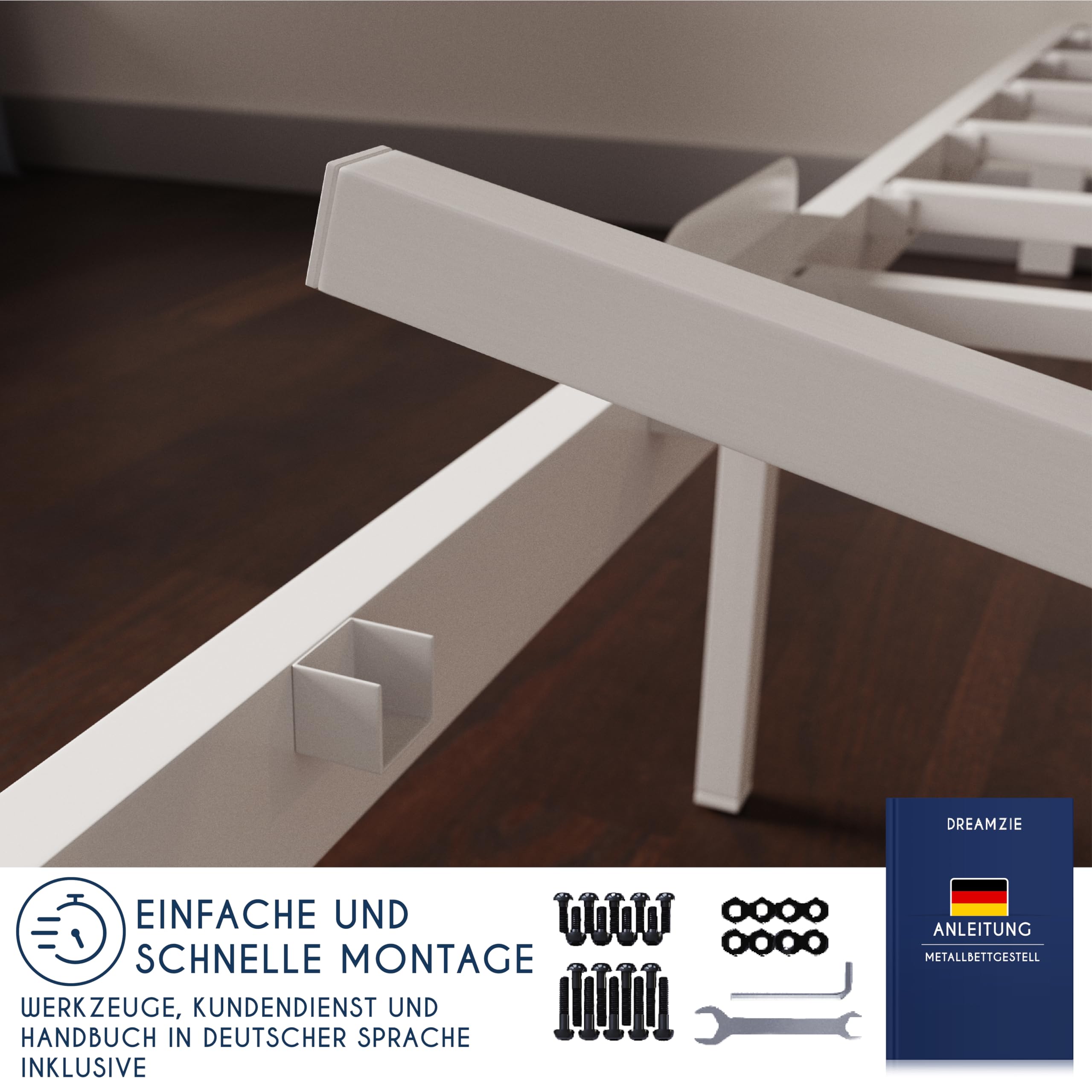 Dreamzie Bett 100x200 mit Lattenrost aus Metall - Seniorenbett 100x200 für Matratze Einzelbett, Höche 35 cm - Großer Stauraum, Leicht zu Montieren und Stabil - Weiß Lattenrost