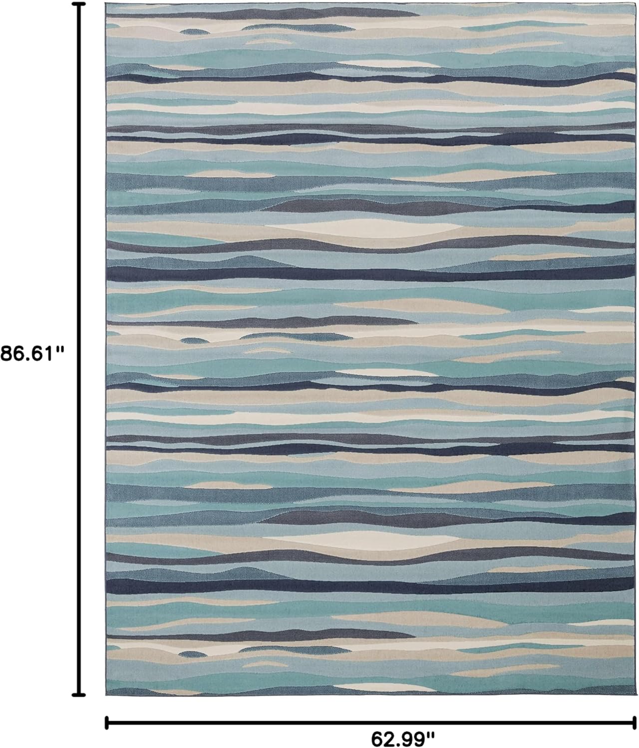 Hauteloom Basco Living Room, Bedroom Area Rug - Modern Wavy Striped Carpet - Blue, Gray, Beige - 5'3" x 7'3"