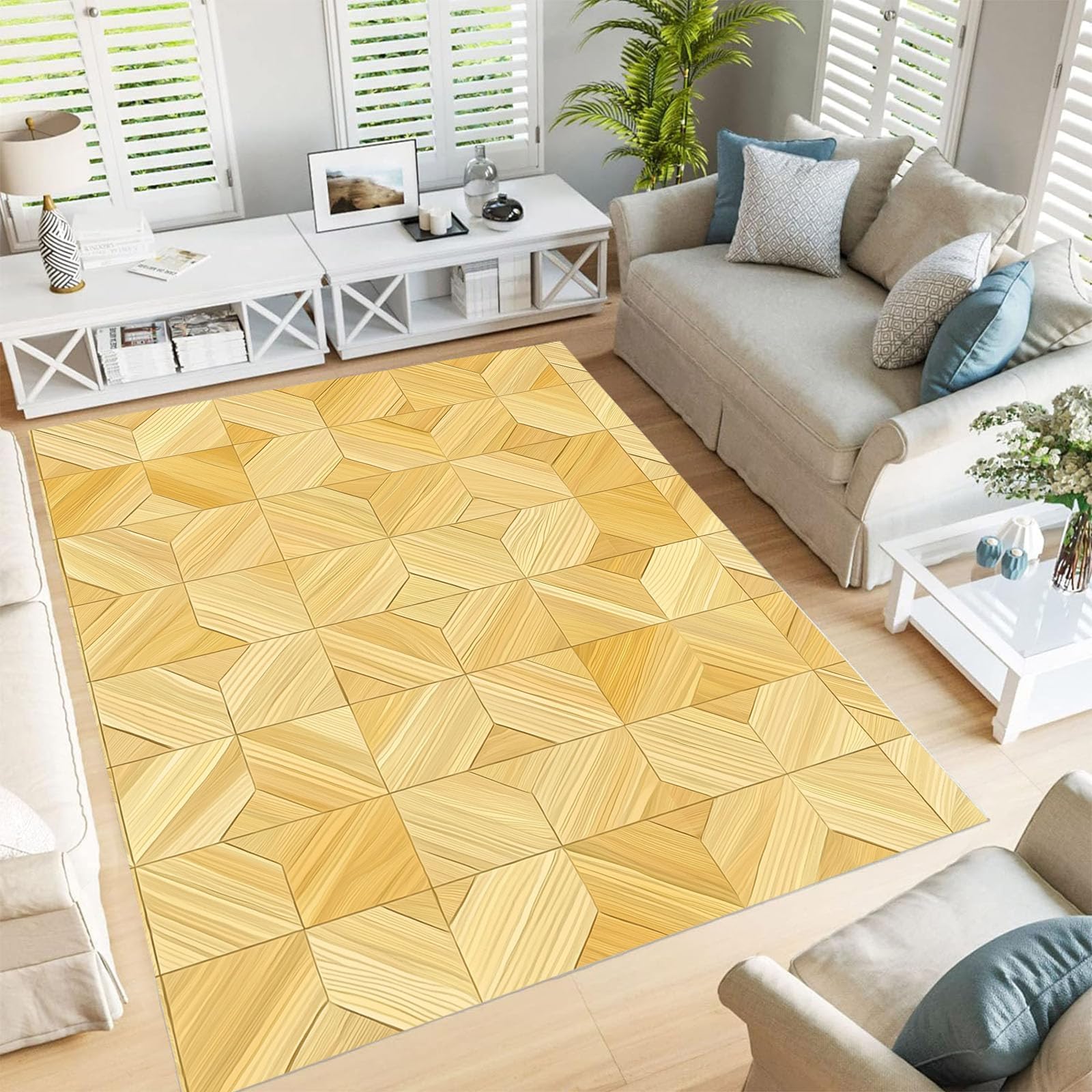 Tapis Lavable Parquet, Antidérapant Géométrie Patchwork Rétro, Résistant Aux Taches pour Intérieur, Décoration pour Salon, Chambre À Coucher, Bureau - Jaune Clair - 80X150Cm