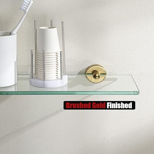 Miniatura 7 de JQK Estante de vidrio para baño dorado, almacenamiento de ducha de vidrio templado de 24 por 5 pulgadas, montaje de pared dorado cepillado de acero