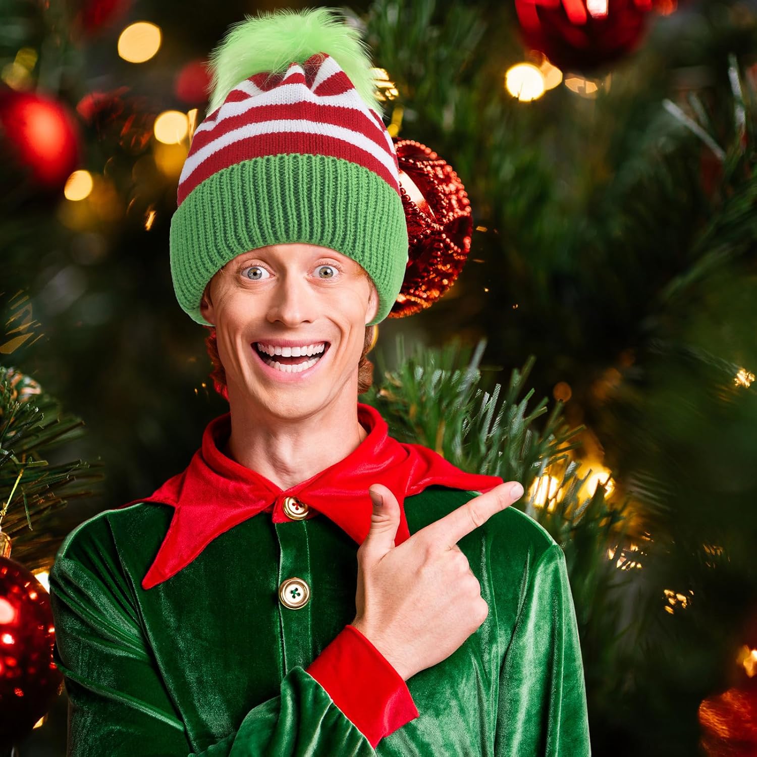 Green Fuzzy Knit Hats for Adults Halloween Novelty Costume Long Fuzzy Knit Christmas Beanie Winter Warm Santa Hat for Men Women Christmas Holiday Dress up - Image 6