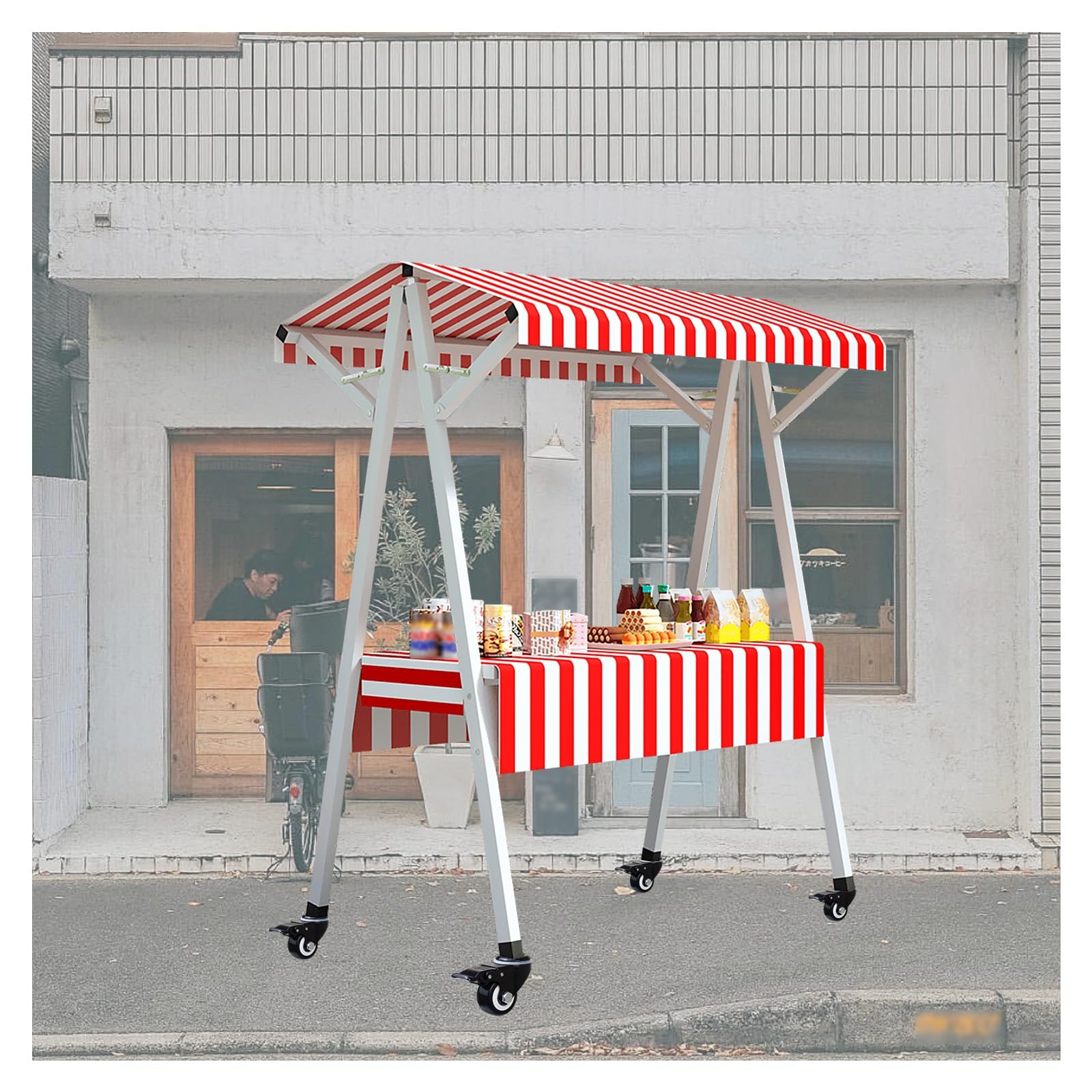 Bancarella per mercatino con tettoia, chiosco mobile con supporto per cibo da strada, acciaio al carbonio ispessito,carrello pieghevole,dotato di 4 ruote bloccabili(Red stripes,110x60x200cm)