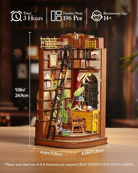 ROBOTIME Book Nook Maison Miniature à Construire avec Lampe, Booknook Puzzle en Bois 3D Diorama Décoration de Bibliothèque Cadeau de Vacances (Corner Study) - 4