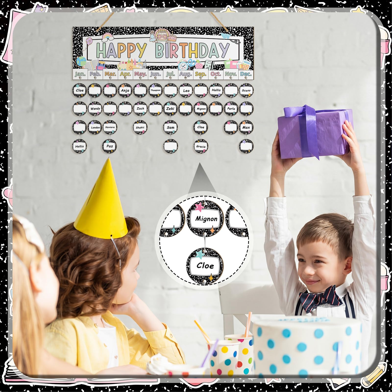 Lineshading Calendario di compleanno pastello da appendere alla parete, quaderno per composizioni e decorazioni in classe, calendario fai da te, bacheca con 100 etichette in legno per il rientro a