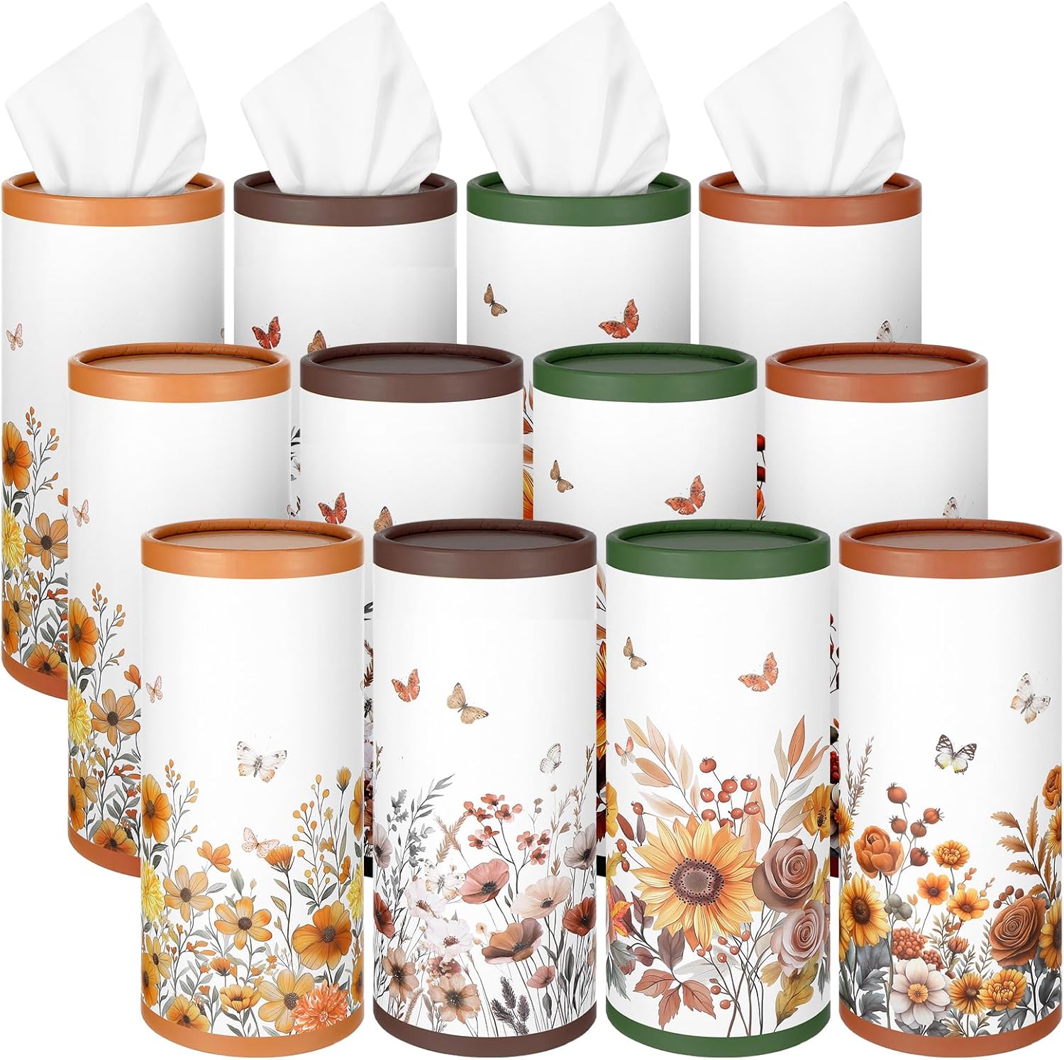 Fourluoo 12 Pack Spring Floral Tissue Boxes for Car Cylinder Bulk Wildflower Round Cylinder Holder with 3 Ply Facial Tissues for Spring Travel Bathroom Office Decoration Supplies