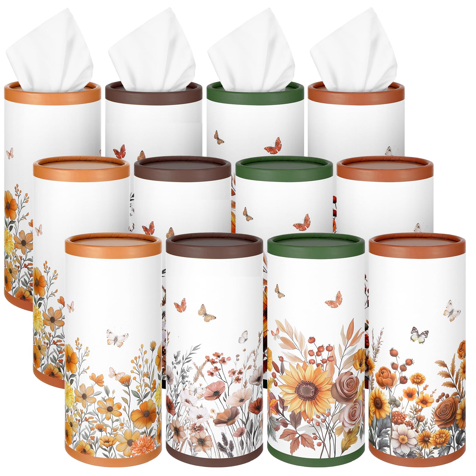 Fourluoo 12 Pack Spring Floral Tissue Boxes for Car Cylinder Bulk Wildflower Round Cylinder Holder with 3 Ply