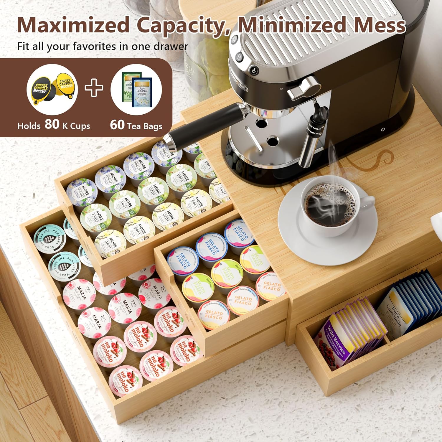 Coffee Pod Drawer, Wooden K Cup Holder with Tree Shape Mug Holder and Side Storage Box, 2-Tier K Pod Drawer Coffee Maker Machine Stand(80 Kcups+60 Tea Bags Capacity)