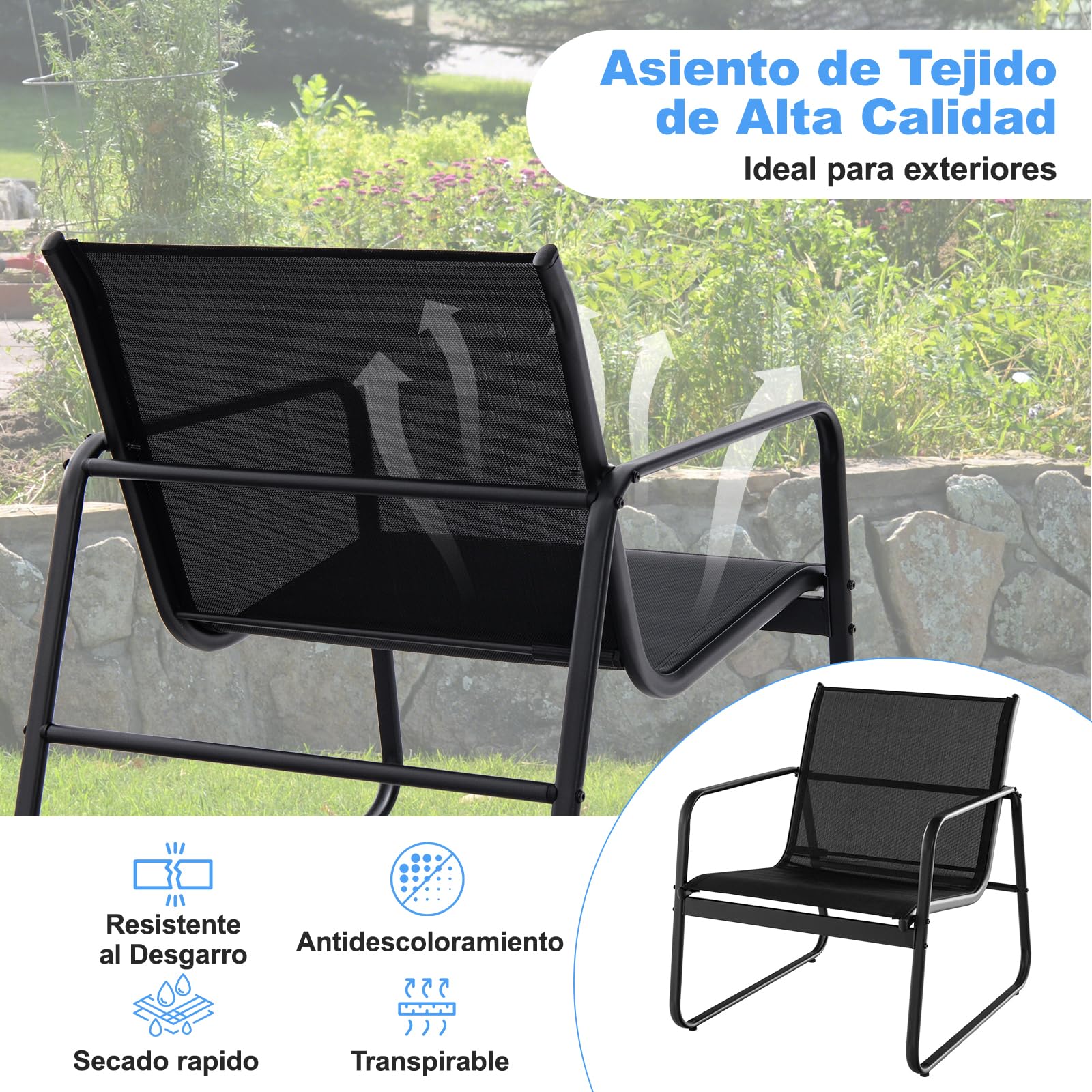 COSTWAY Conjunto Mesa y Sillas Jardin 3 Piezas, Conjunto Jardin Exterior Mesa y Sillas, 2 Siilas de Tela Transpirable y 1 Mesa Encimera de Vidrio Templado,Terraza Balcón (Negro)