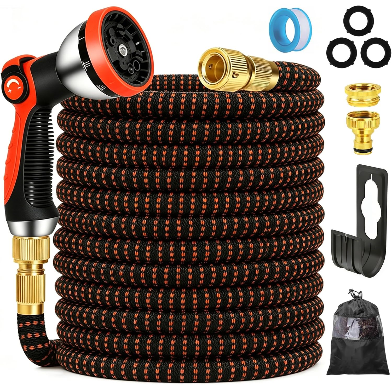 NIUCNIU Expandable Garden Hose Pipe 125FT/37.5M, 10-Pattern Spray Nozzle, Brass Fittings 1/2" & 3/4", Durable 3750D Fabric, 4-Layer Latex Core, Hose Pipe for Gardening, Car Cleaning, Black&Orange