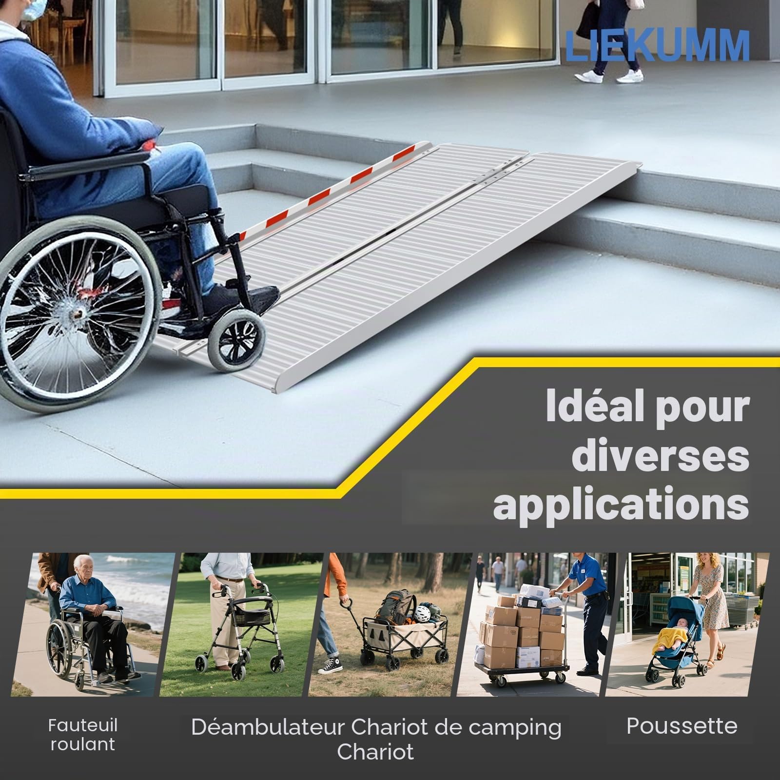 LIEKUMM Rampe de Fauteuil Roulant, 60 x72 cm Accès Handicapé, Capacité 300KG pour Maison, Marches, Escaliers, Portes, Rampe Pliante en Aluminium