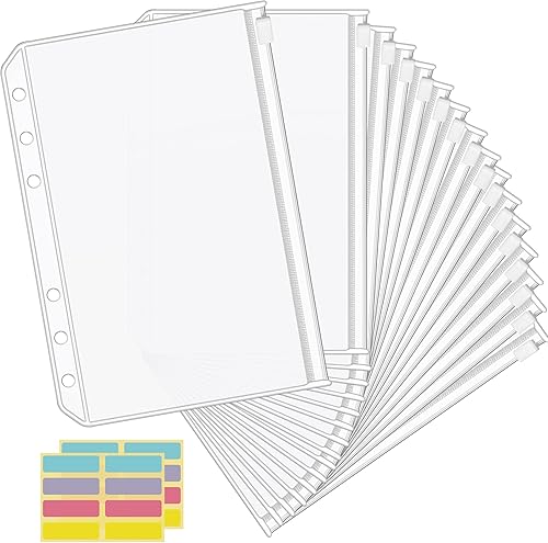 Miniatura 9 de KTRIO 16 bolsillos para carpeta A6, 6 agujeros, sobres de efectivo para presupuestos, carpetas transparentes con cremallera, insertos