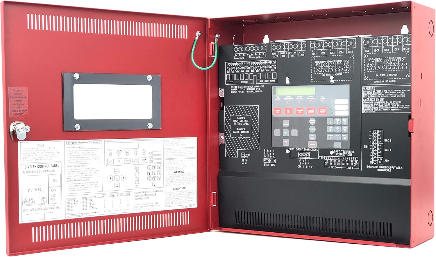 Interno view of the Simplex 4006-9101 Fire Alarm Control Panel with the door open, revealing the main circuit board, wiring terminals, and internal documentation.