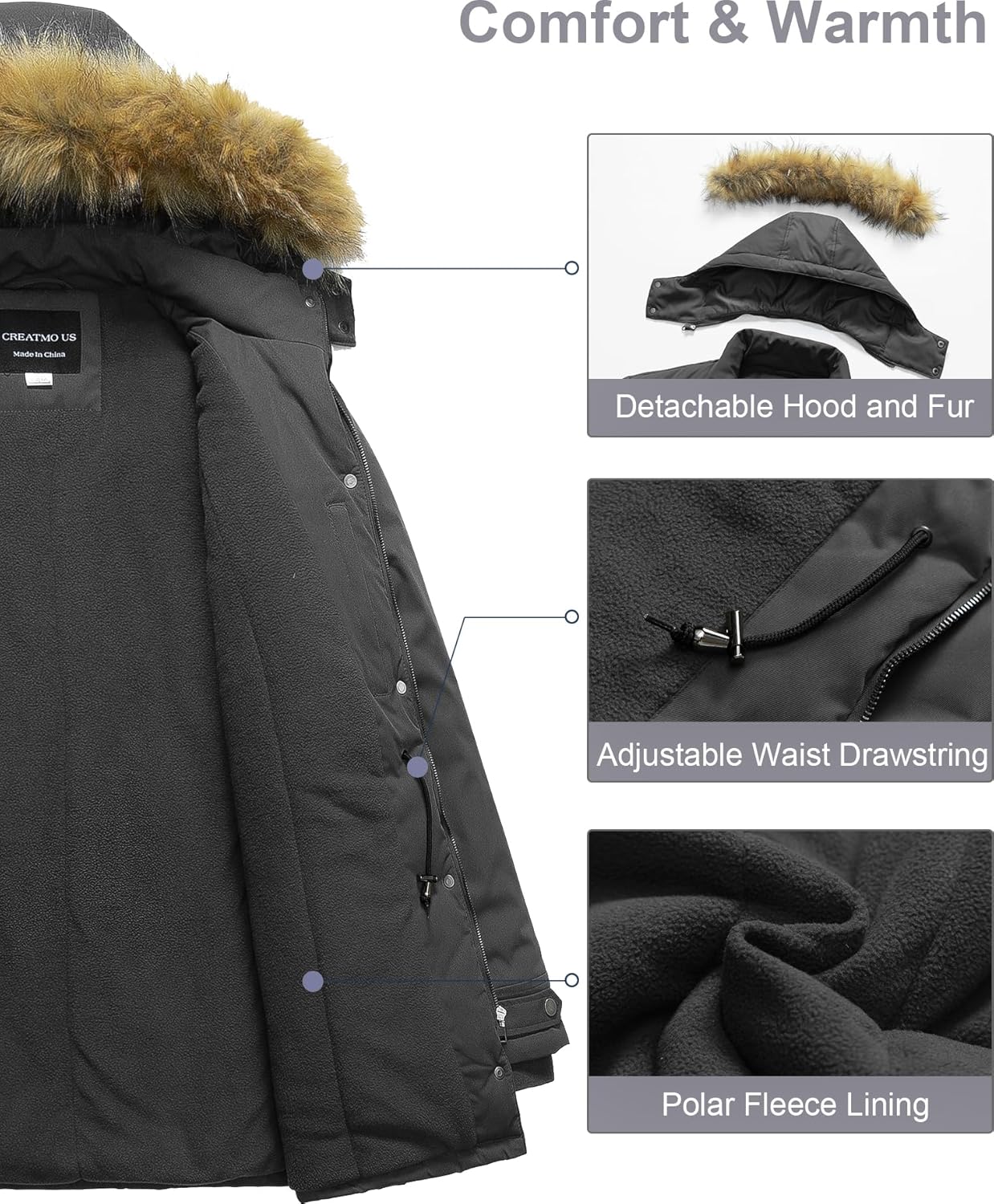 CREATMO US Women's Plus Size Winter Coat Waterproof Long Puffer Jacket Warm Military Thicken Parka with Fur Hood - Image 3