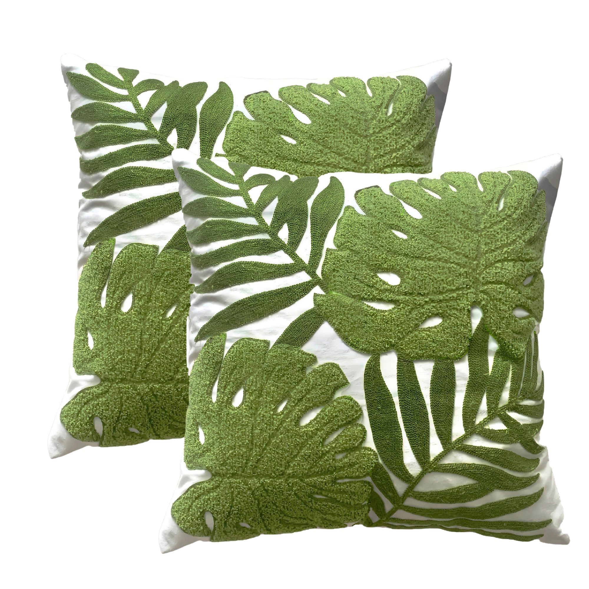 TAOSON Pack of 2,Tropical Green Leave Pattern Embroidered Throw Pillow Cover,Cotton Canvas Cushion Covers, Spring Farmhouse Decor, Valentine's Day Gift Square Farmhouse Floral Pillow Case 18" x18"
