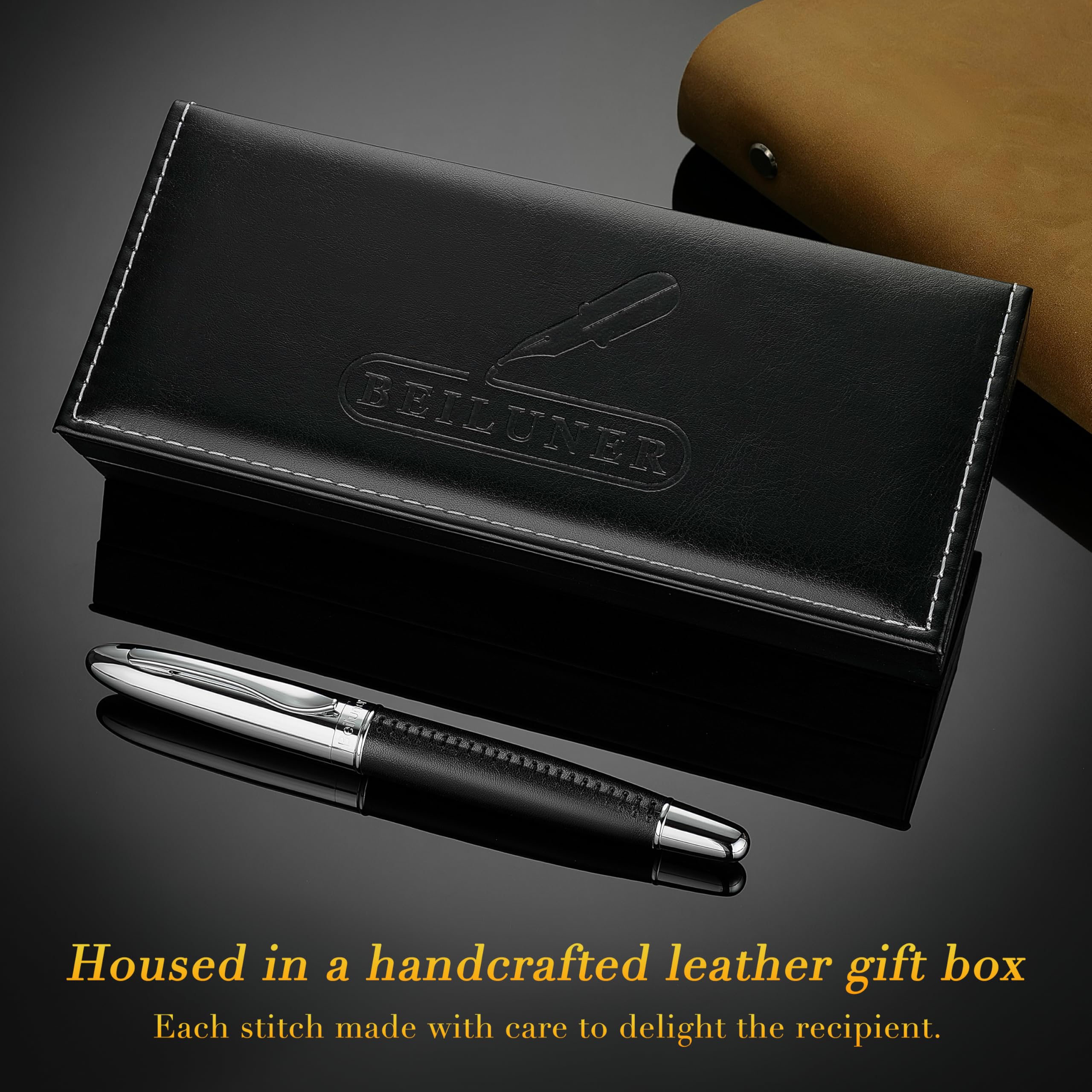 BEILUNER 318 Luxury Leather Pen Hand-Stitched Premium Leather Chrome-Plated Finish Schmidt Ink Refill Best Rollerball Pen Gift for — view 5