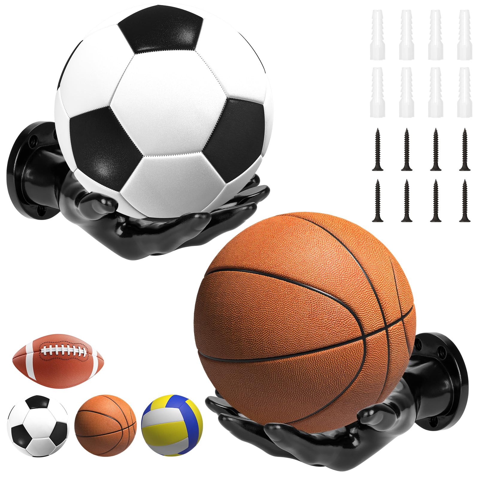 POFIBO Supporto da parete – 2 scaffali portaoggetti a mano per palline, supporto creativo per palloni, supporto da parete per pallacanestro, pallavolo, calcio