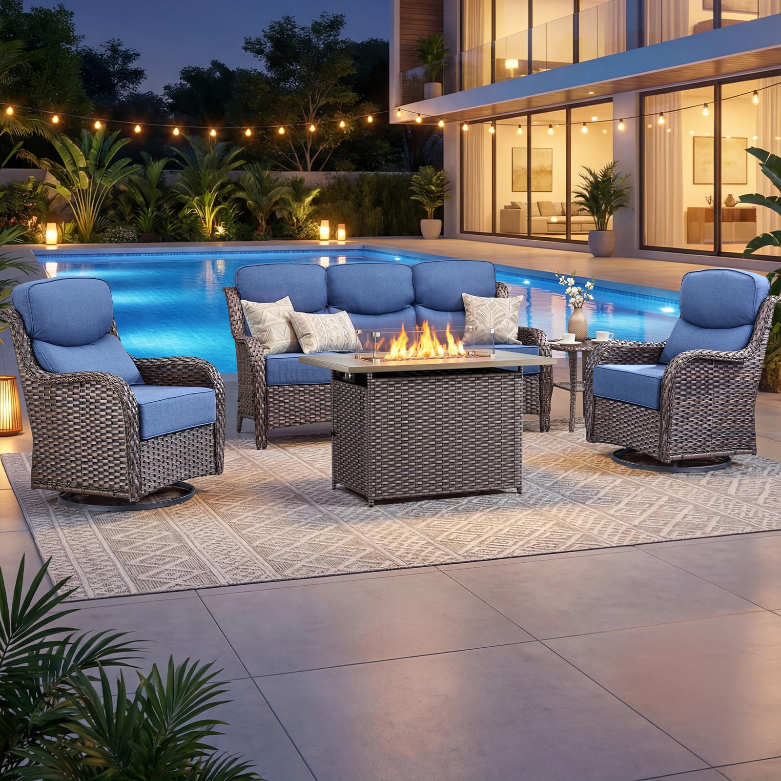 Luxury Patio Furniture Set with 6-inch Thick Cushion, Outdoor Furniture with Fire Pit Table, Swivel Chairs, Side Table, Sofa, 5pcs Wicker Conversation Set for Deck Yard (Brown Wicker | Blue Cushion)