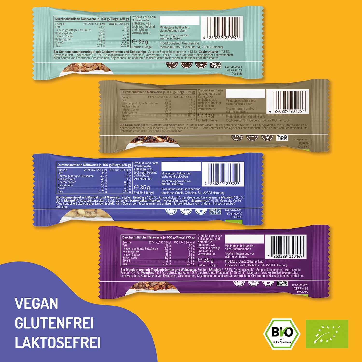 foodloose Bio-Nussriegel Probierpaket | Vegane, laktose- und glutenfreie Bio-Riegel ohne raffinierten Zucker | Großpackung mit 4 verschiedenen Sorten (24 Riegel x 35g)