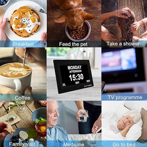 Miniatura 7 de Exmate Calendario de reloj de día, pantalla extra grande no abreviada de 10 pulgadas, AMPM, con 13 opciones de alarma, función de repetición, brillo