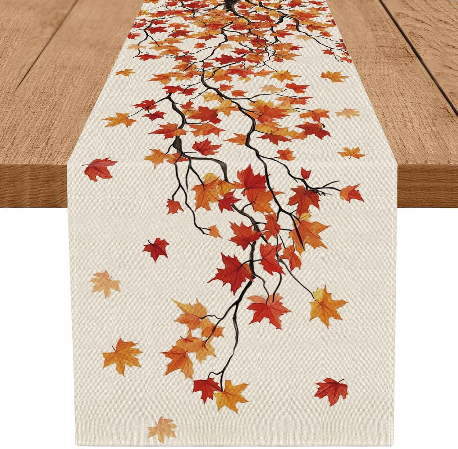 OVZME 36 Inch Autumn Harvest Table Runner, Embroidered Maple Leaves, Thanksgiving Decor Fall Home Decorations Holiday Dinner Party