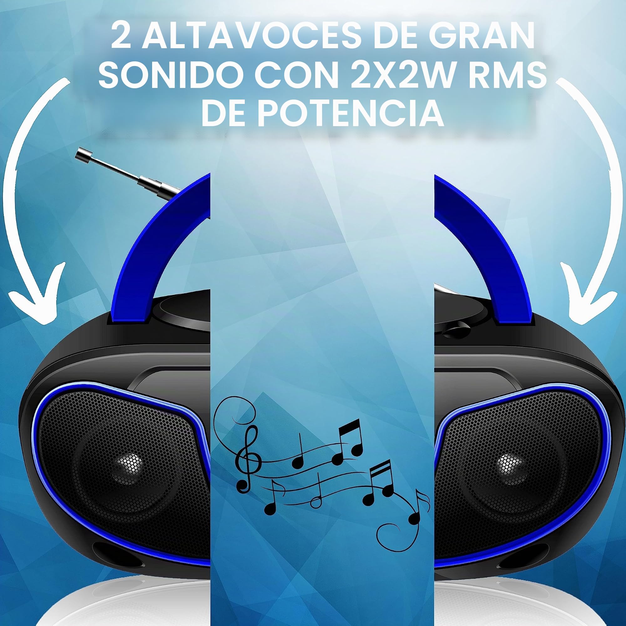 Reproductor de CD portátil Boombox CD/CD-R - USB - Radio FM - Entrada AUX - Toma para Auriculares - Reproductor de CD - Radio Infantil - CD - Canal estéreo - Sistema Compacto (Dark Blue)