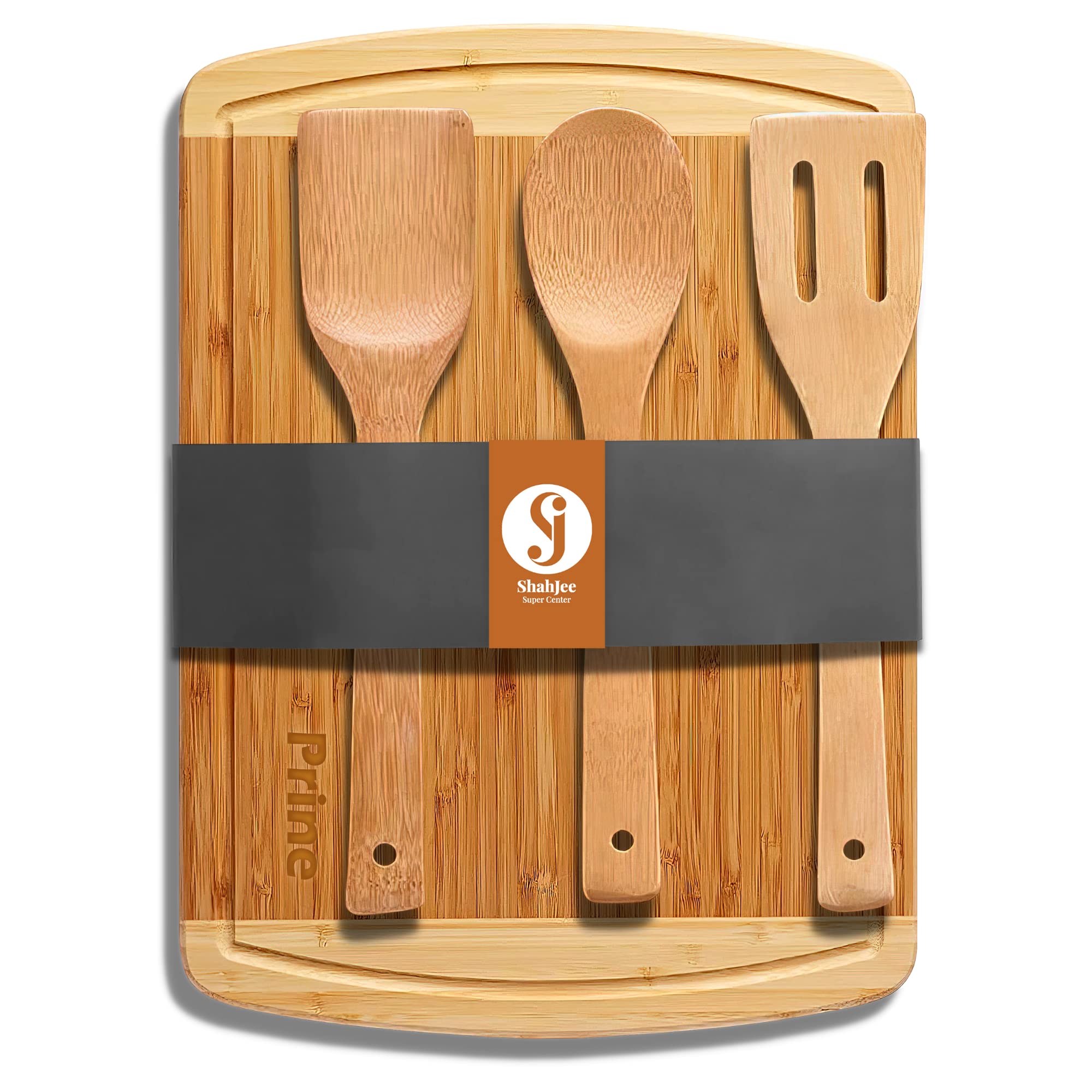 Prine4-Set Organic Bamboo Cutting Board, Chopping Board for Kitchen, Fruit, Vegetables, BBQ, Meat (Butcher Block), Reversible with Juice Groove, Wooden Cheeseboard & Charcuterie Boards (45x32x1.9cm)