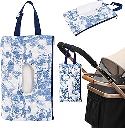 Quilted Baby Wipe Holder, Canvas Floral Quilted Pouch with Hanging Strap, Portable Diaper Wipe Holder for Travel Stroller-Grand Classical Blue
