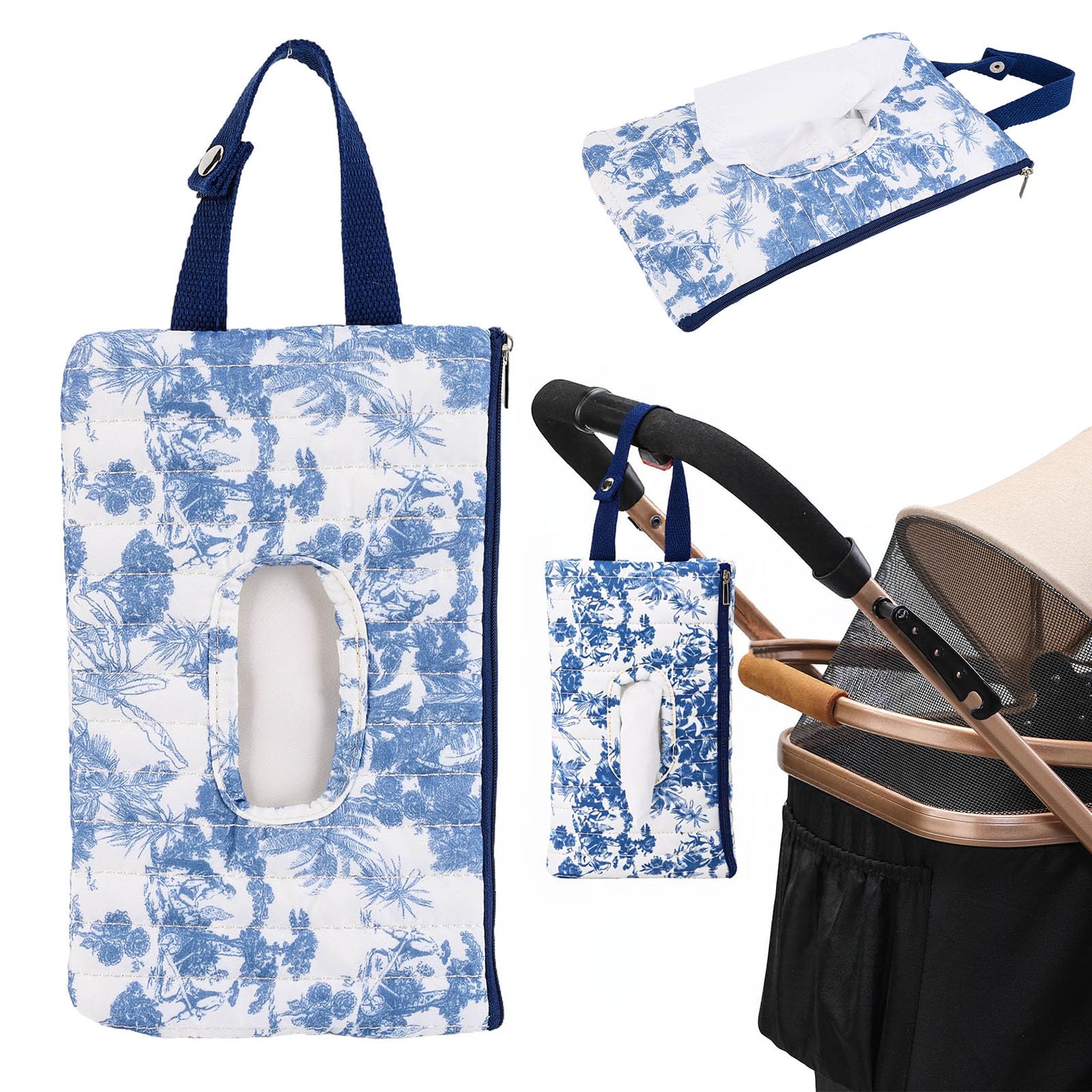 Quilted Baby Wipe Holder, Canvas Floral Quilted Pouch with Hanging Strap, Portable Diaper Wipe Holder for Travel Stroller-Grand Classical Blue