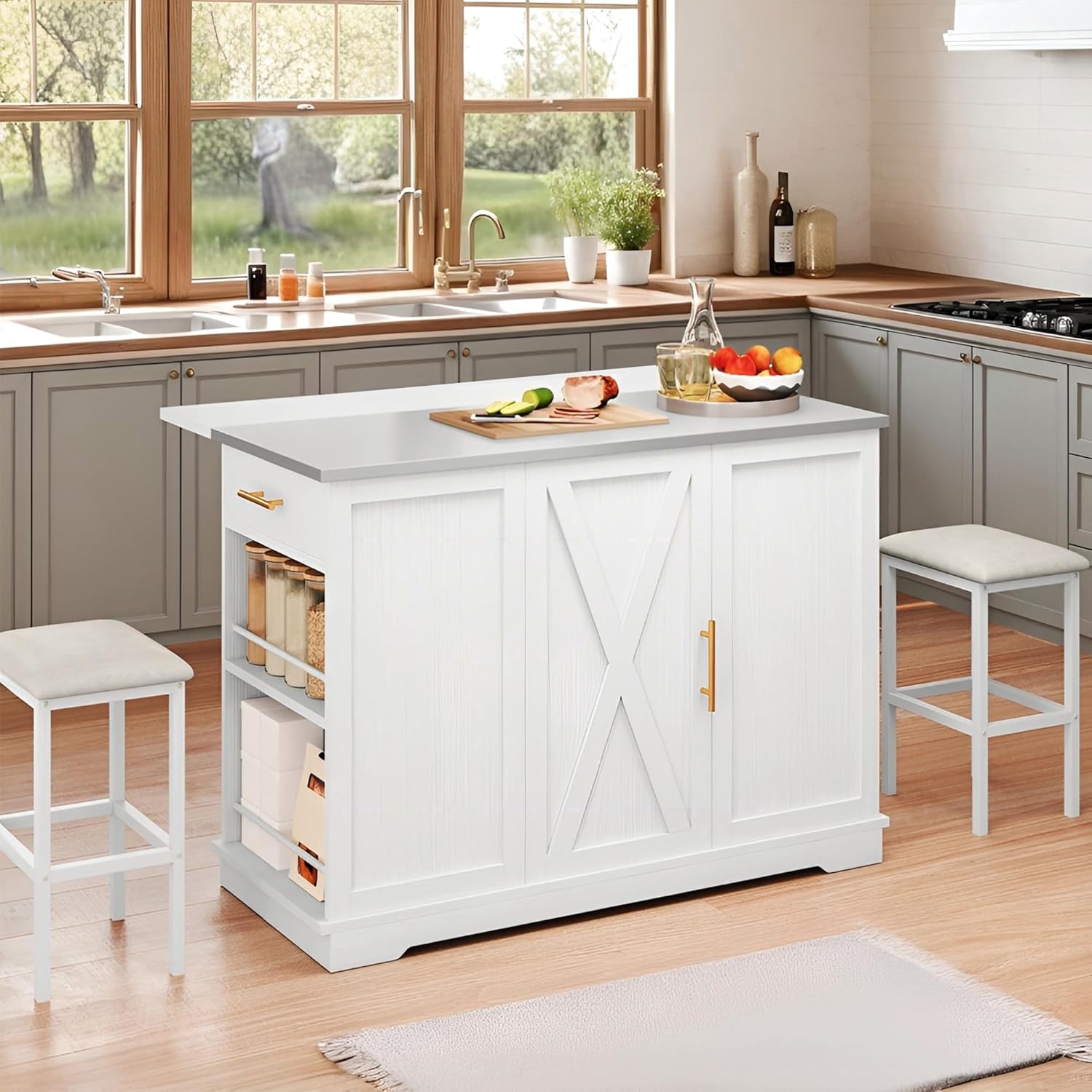 DWVO Kitchen Island with Seating and Stainless Steel Countertop in a kitchen setting, with the drop leaf folded and all compartments closed.