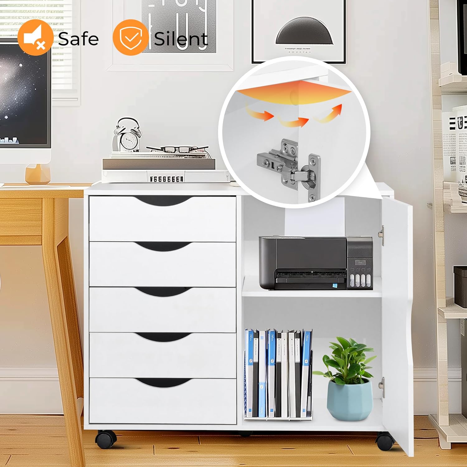 QDSSDECO 5-Drawer Chest with 1 Door, Wooden Storage Chest of Drawers, Mobile Dresser Cabinet with Wheels, Printer Stand for Home Office Bedroom
