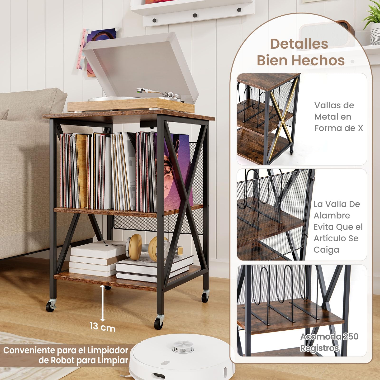 GOPLUS Soporte para Tocadiscos, Estante de Almacenamiento para Vinilos de 3 Niveles con Estación de Carga Incorporada y Ruedas Bloqueables, Soporte para Giradiscos (Marrón Rústico)