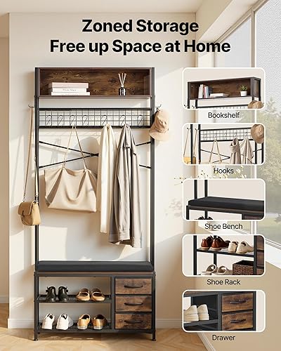 Miniatura 2 de VEVOR Árbol de pasillo con banco y almacenamiento de zapatos, banco de entrada con perchero, 3 cajones, 3 cubos de almacenamiento, 7 ganchos con
