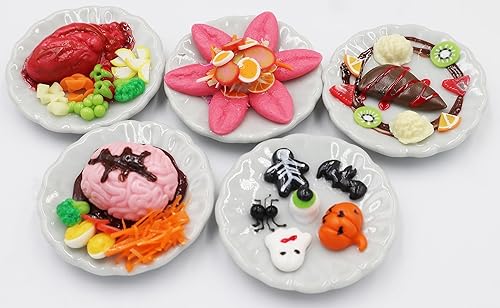 Miniatura 3 de Juego de 5 piezas de comida en miniatura de Halloween en plato de cerámica para casa de muñecas de Halloween, alimentos en miniatura para el hogar,