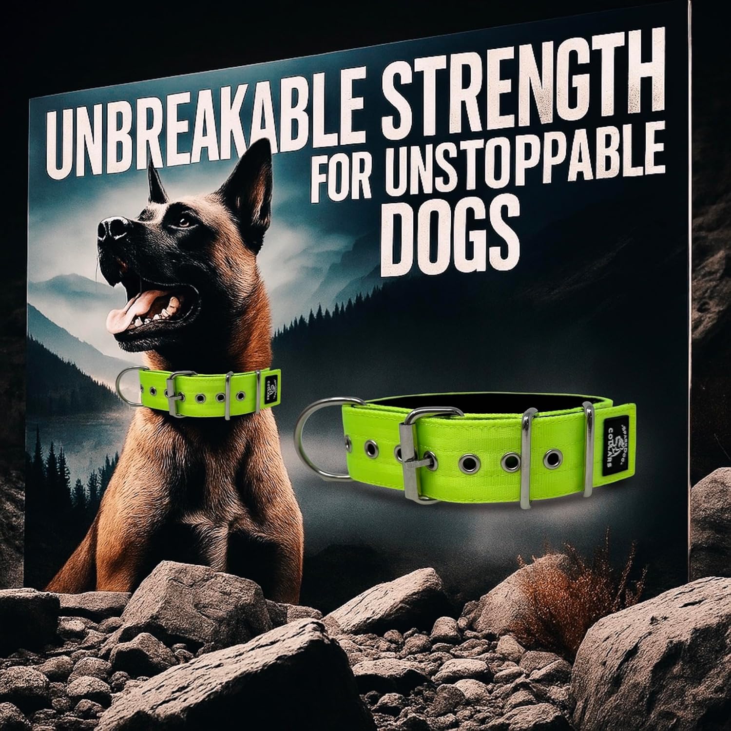 SparkDog Padded Working Dog Collar – 2” Wide, 4-Ply Nylon Seatbelt Webbing, Stainless Steel Hardware, Heavy Duty Buckle, Tactical K9 Collar for Large Dogs, Police & Working Dogs (Lime, 16-21" Large)