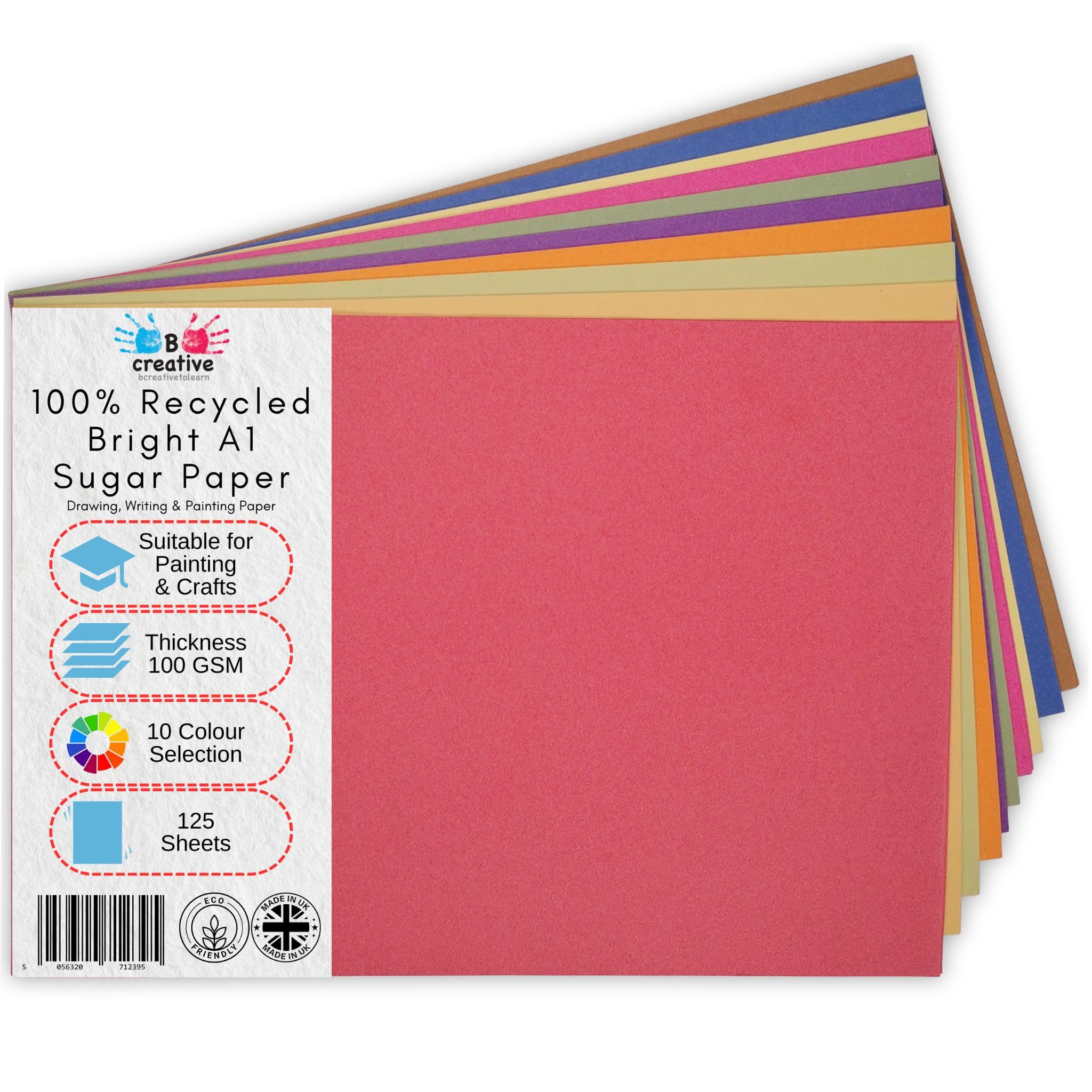 Be Creative A1 Recycled Sugar Paper 84.1 x 59.4 cm 100gsm – 125 Sheets in 10 Assorted Bright Colours for Arts, Crafts, Drawing & Scrapbooking