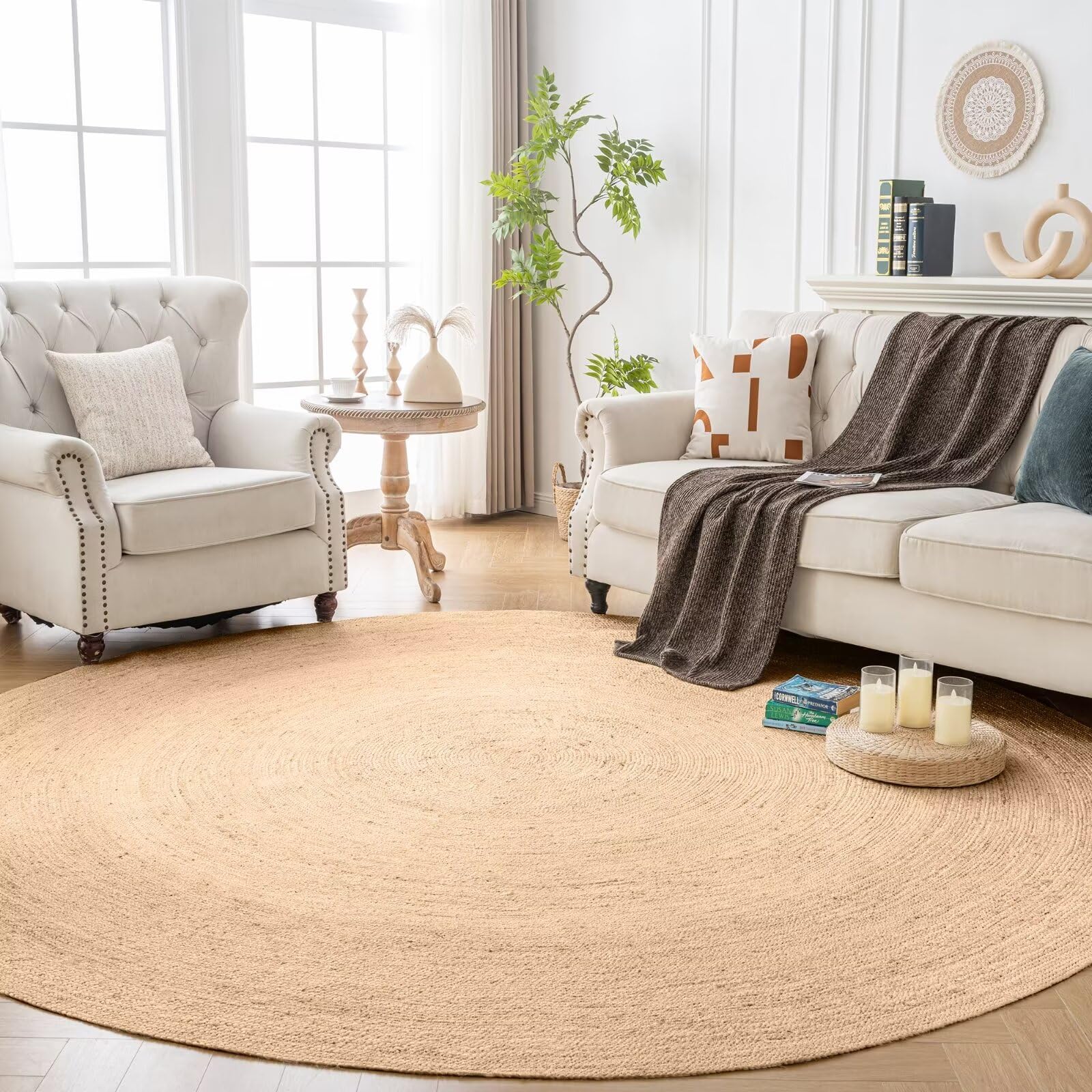 Photo 1 of *** MINOR DAMAGE***Shatex Round Jute Rug 8ft for Bedroom, Chunky Area Rug, Handmade Braided Rugs for Living Room, Indoor, Natural