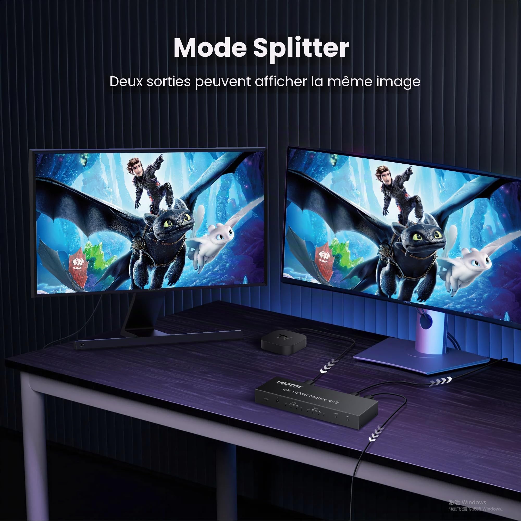 Commutateur Matrix HDMI 4 x 2, commutateur vidéo HDMI + sortie optique et L/R, prise en charge Ultra HD 4K x 2K, 3D 1080p, extracteur audio EDID adaptateur d'alimentation