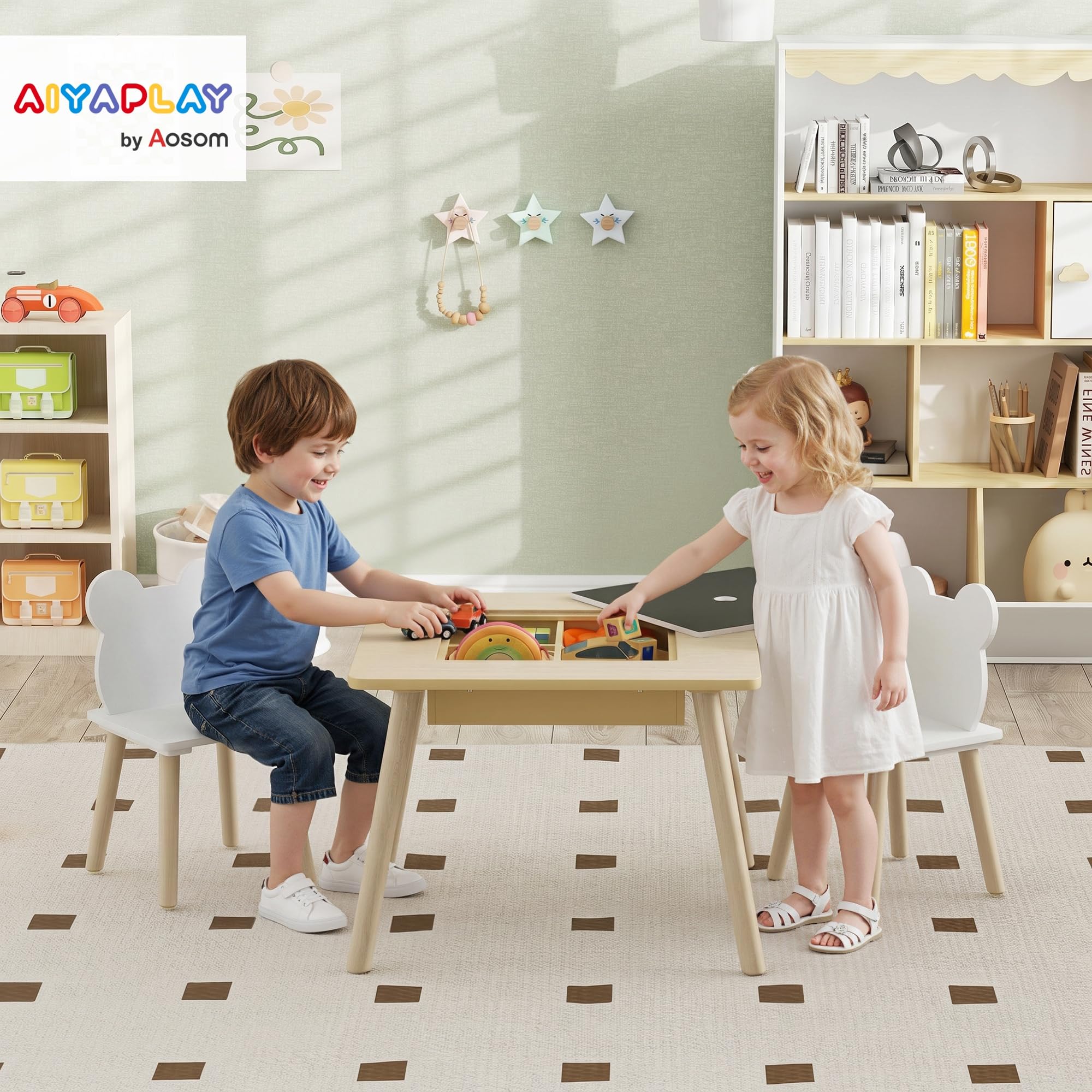 AIYAPLAY Ensemble Table et 2 Chaises 3 pièces Enfants Plateau réversible Bois Naturel