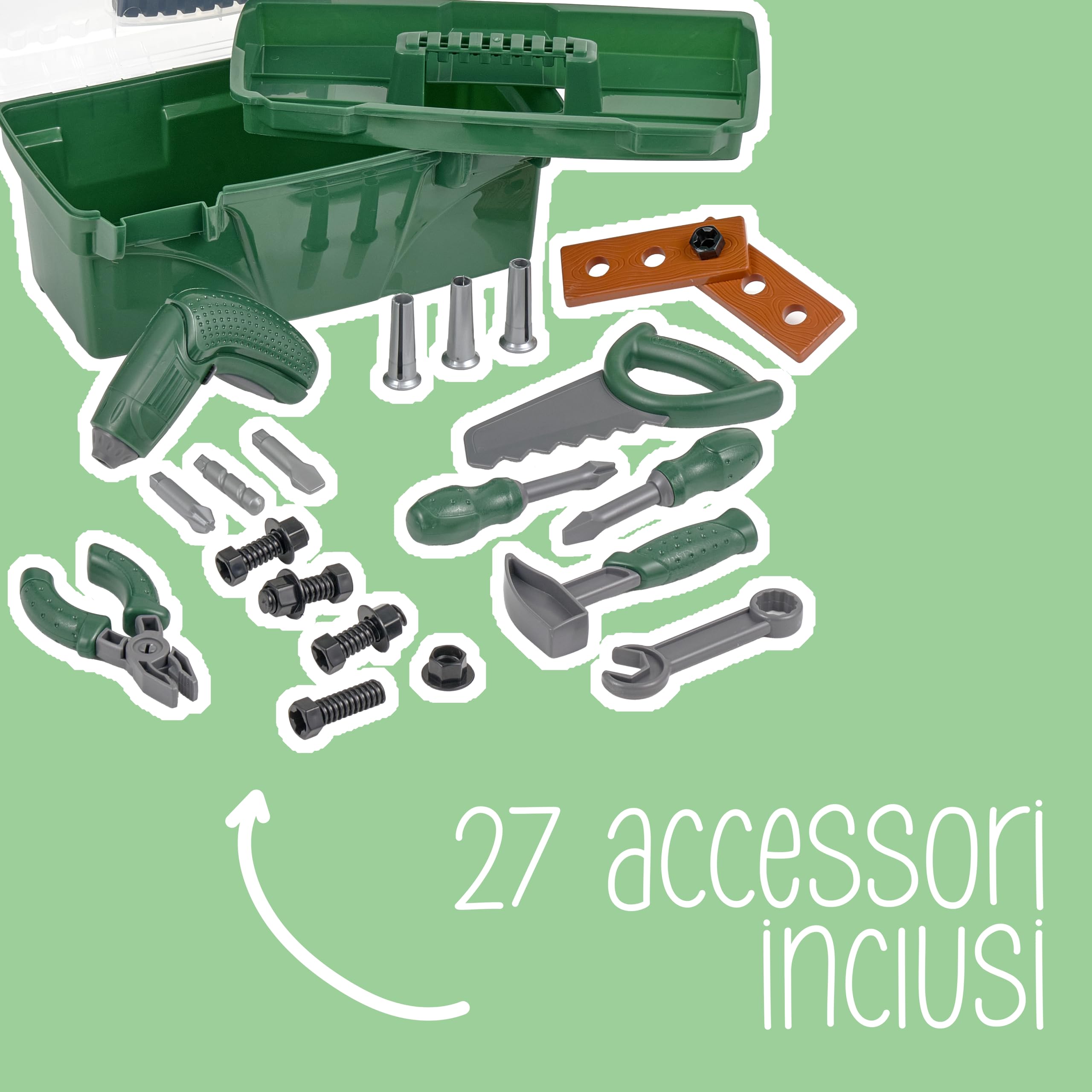 Baroni Toys Cassetta degli Attrezzi per Bambini, Attrezzi Giocattolo con Trapano Elettrico, Gioco di Ruolo Utensili da Lavoro da Bambino, Kit da Meccanico e Falegname 3 4 5 6 7 Anni, 31x14x15 cm
