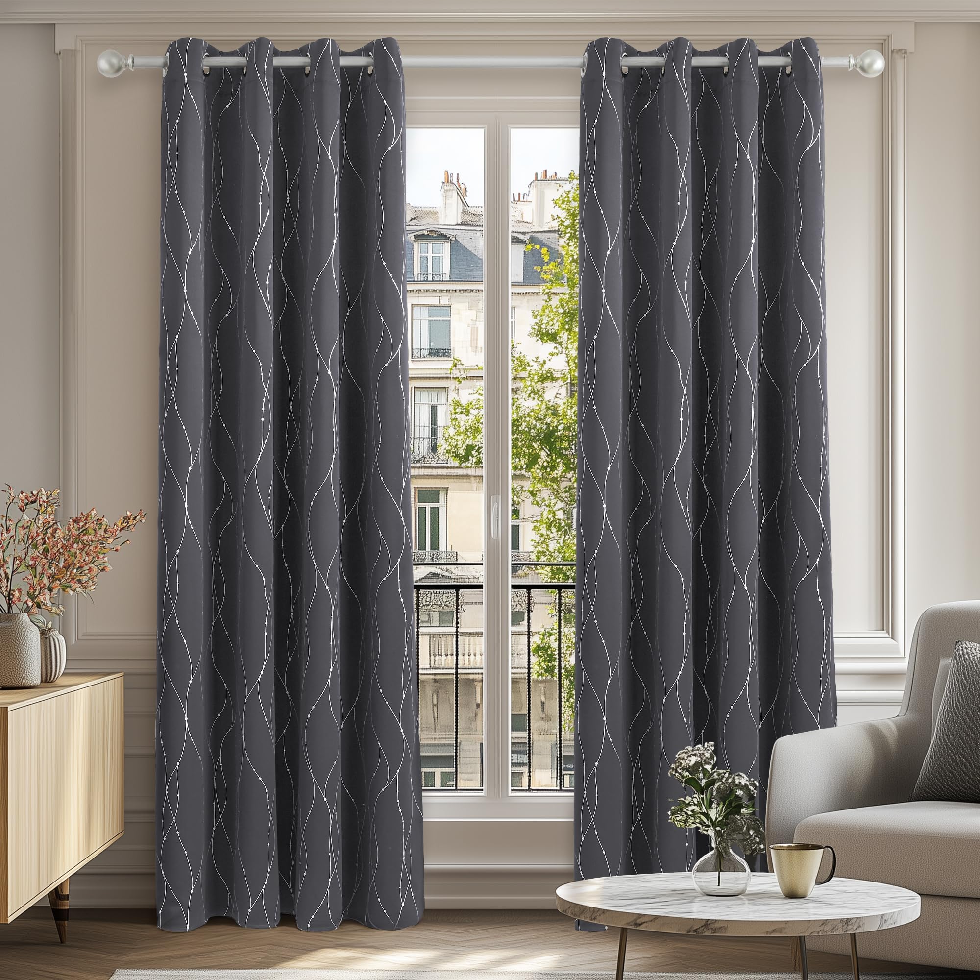 Deconovo Dot Line Decorative Super Soft Thermal Insulated Blackout Curtains for Living Room, Dark Grey, 52x63 Inch, 2 Panels