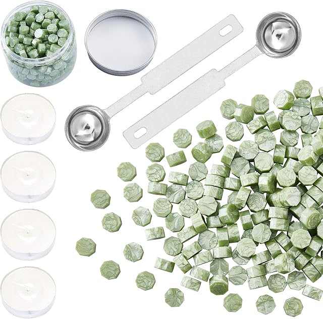 CRASPIRE 300 Pieces Octagon Sealing Wax Beads Sticks with 4 Pieces Tea Candles and 2 Piece Wax Melting Spoon for Wax Stamp Sealing (Green)