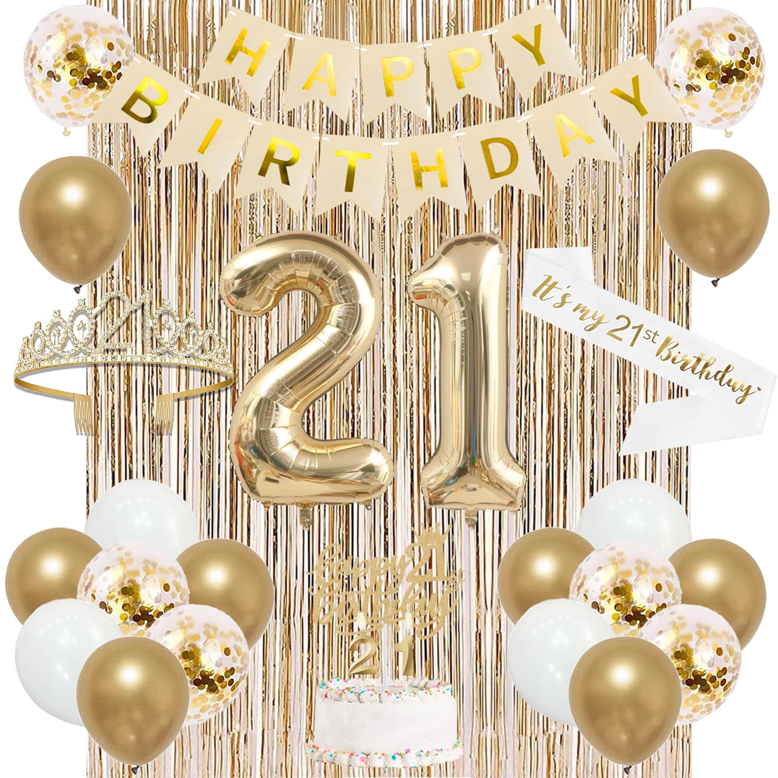 Champagne Gold Happy 21st Birthday Decorations for Her | 21st Birthday Supplies for Girls, 21 Sash and Crown, Banner, Fringe Curtains, Cake Topper