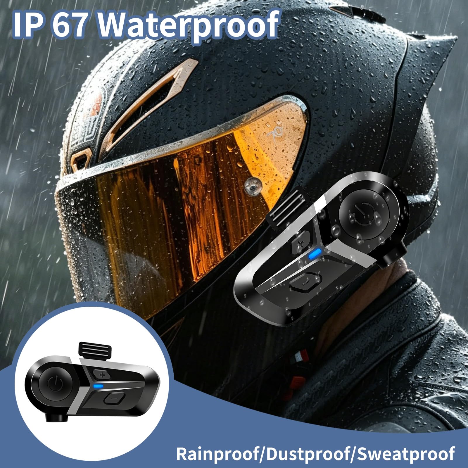 Auriculares Casco Moto Bluetooth 5.3 con Intercomunicador, Soporte para Asistente de Voz, Doble cancelación de Ruido, Impermeable IP67, Manos Libres Moto con Altavoces HiFi 40mm, para Música y GPS