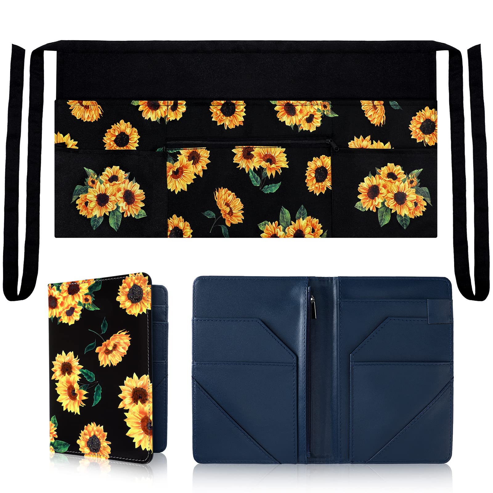 Jetec 2 Pcs Waist Apron with 6 Pockets and Leather Server Book for Waitress Patterned Server Half Apron with Zipper for Women