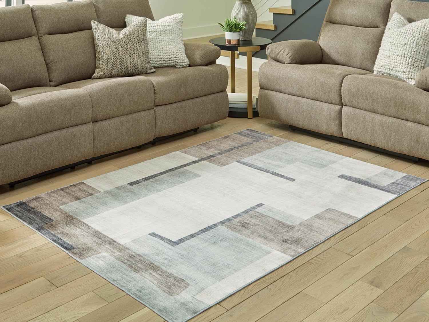 Signature Design by Ashley Larkport Contemporary Indoor Abstract Washable 5 x 7 Area Rug, Light Brown & Light Gray