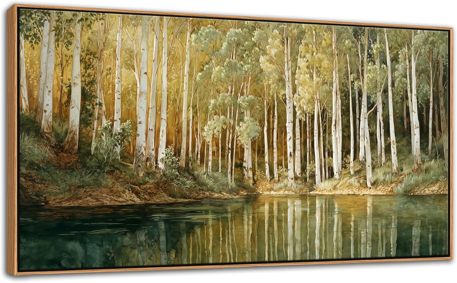YCPRIMER Extra Large Birch Tree Wall Art, Green & Yellow Forest Landscape Canvas, Nature Lakeside Scenery Painting for Living Room & Bedroom Above Bed Decor, Ready to Hang 29×58 Inch