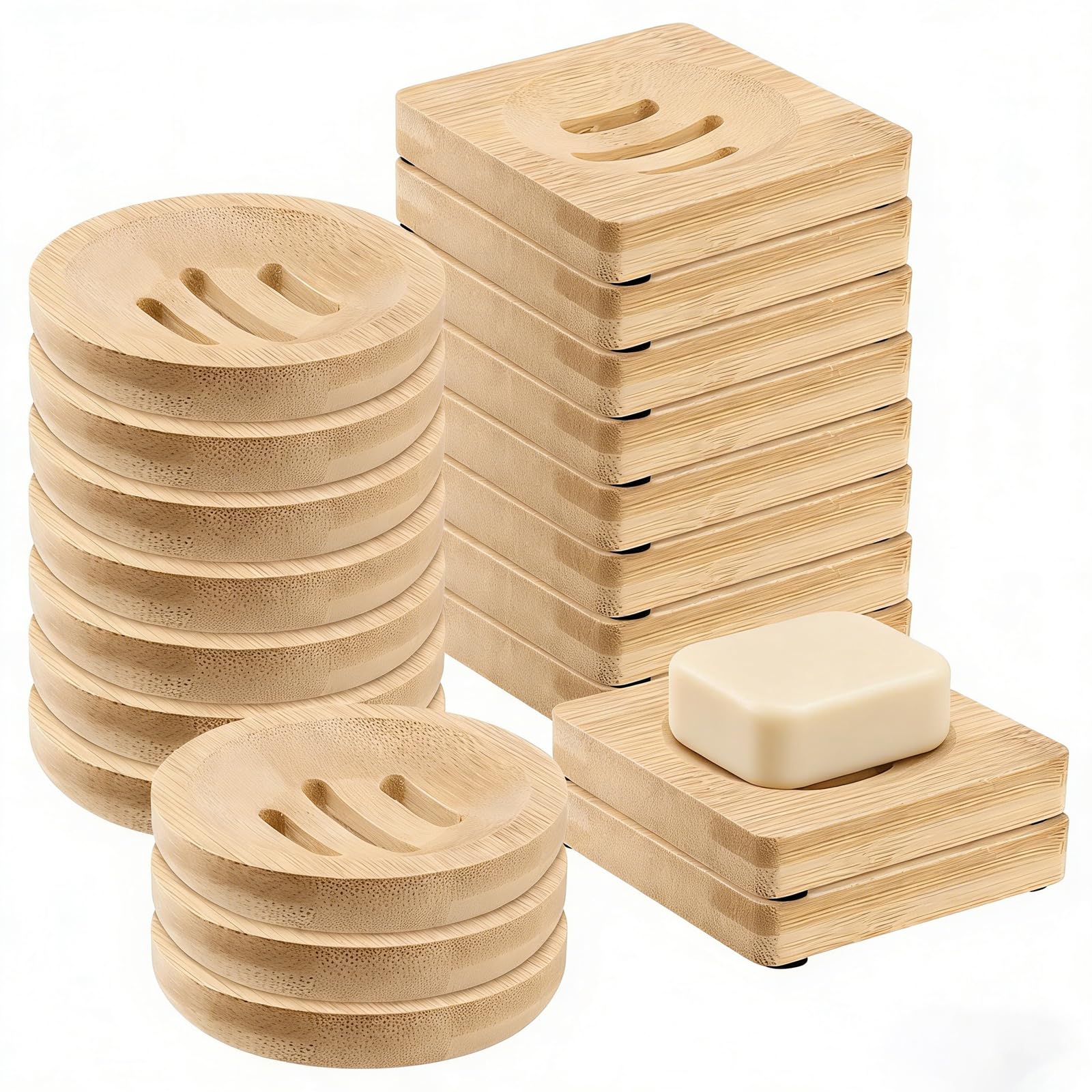 HOIGON 20 jaboneras de bambú para ducha, 10 jaboneras redondas de madera y 10 bandejas de jabón cuadradas, bandeja de jabón de madera para el hogar, baño, cocina