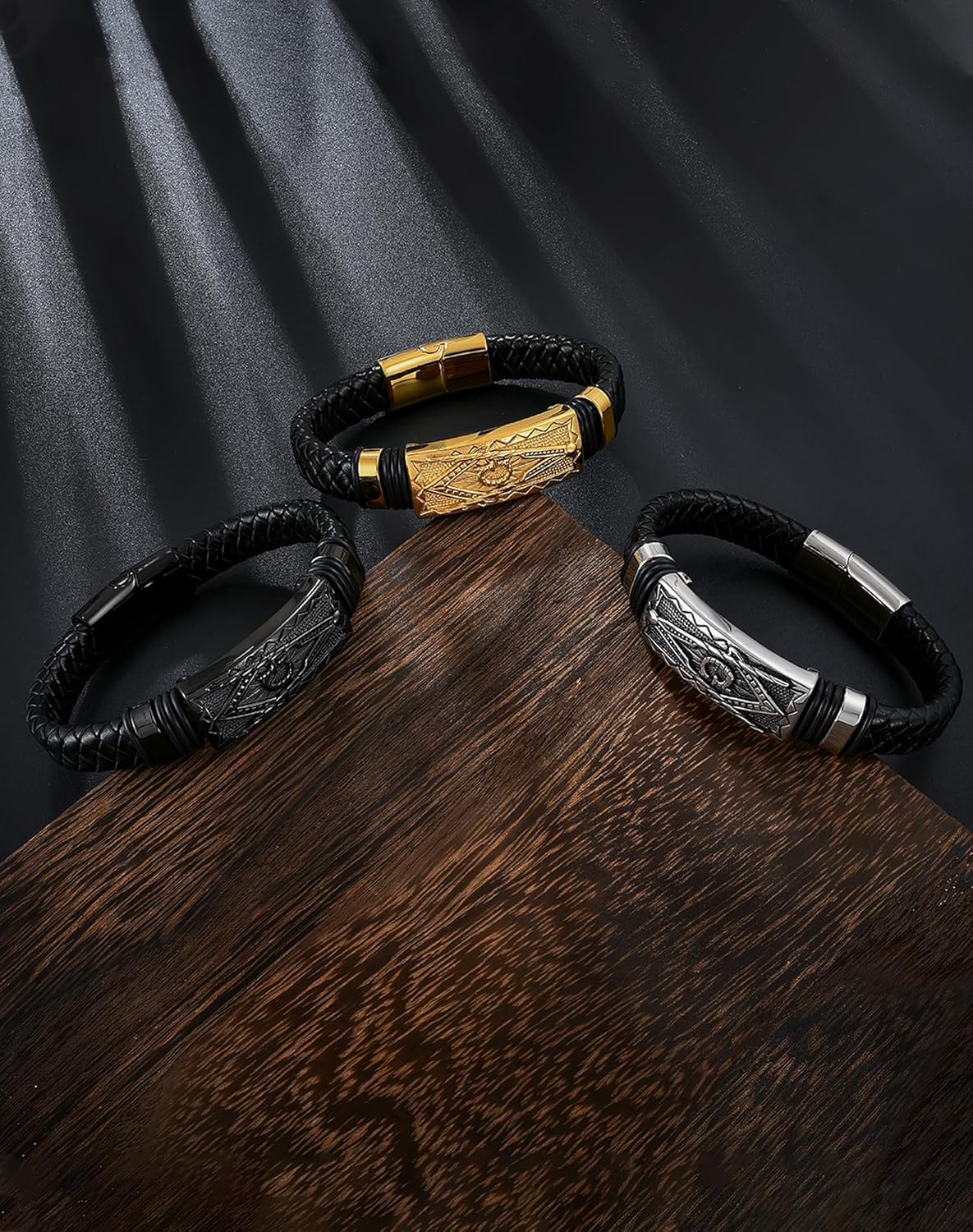 YL Cross Masonic Leather Mens Bracelet, 18K Gold/Black Rhodium Plated Christian Religious 316L Stainless Steel Brown Cuff Handcrafted Jewelry Gifts